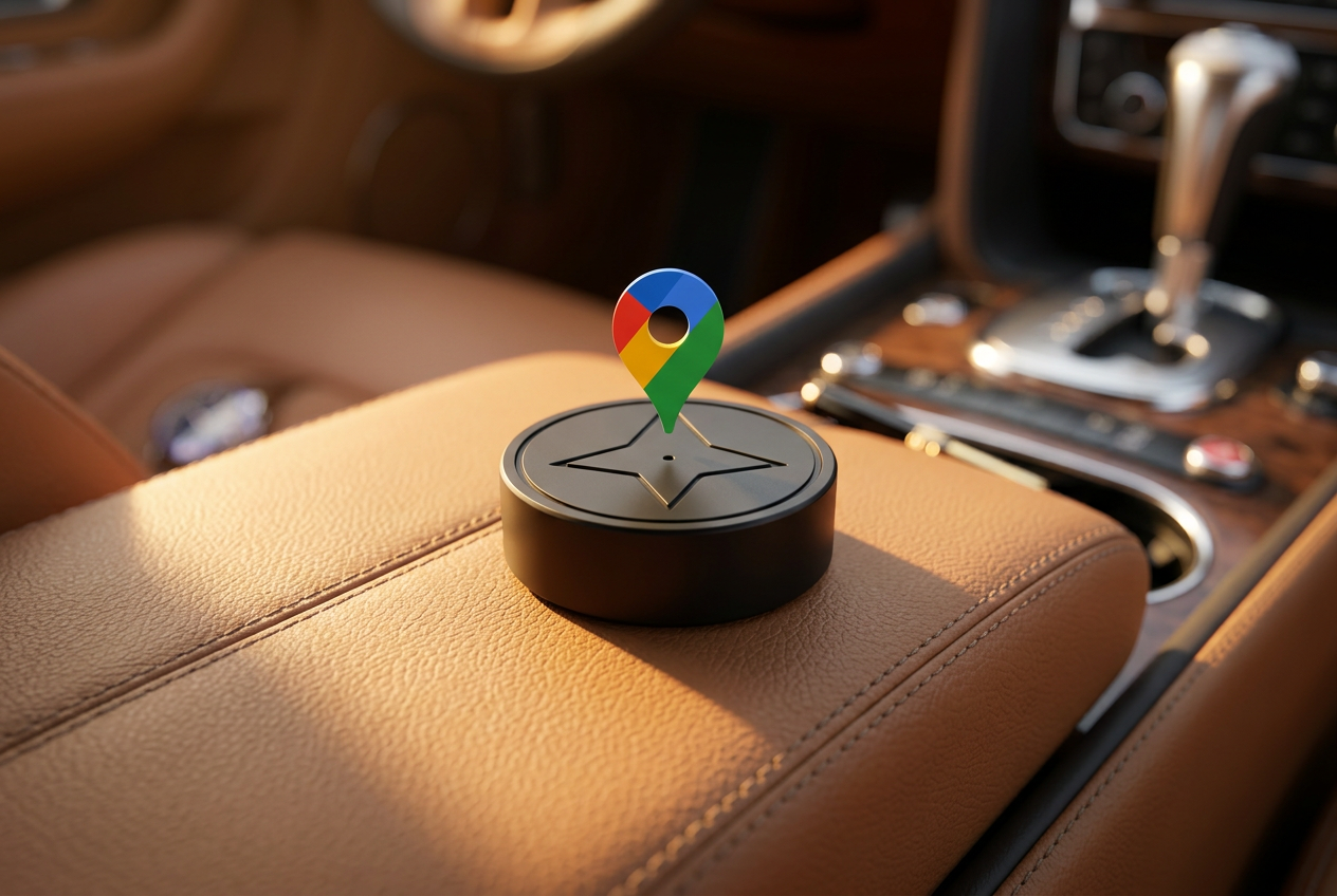 Localizador NatureLocate sobre el reposabrazos de un coche
